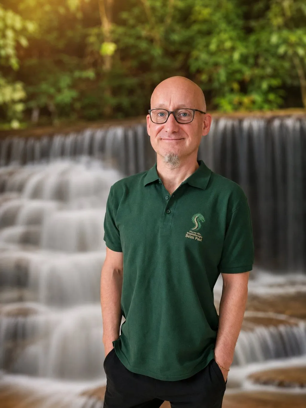 Pawel Skrzypiec im Praxis-Poloshirt vor dem Wasserfall-Motiv der Praxis