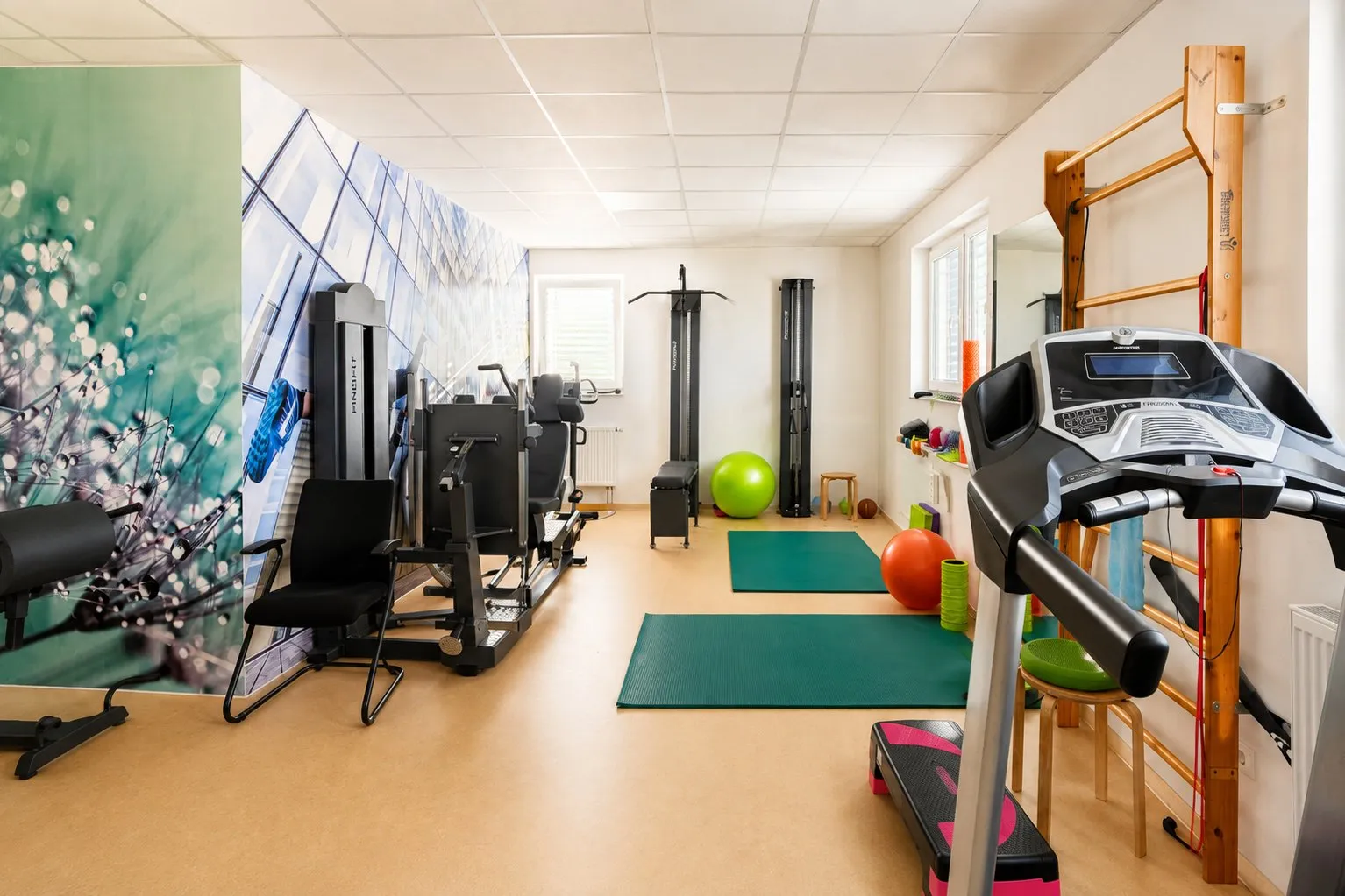 Trainingsbereich mit Laufband, Sprossenwand, Trainingsgeräten und Matten